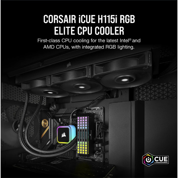 CORSAIR CPU hűtő iCUE H115i RGB ELITE (vízhűtés), 2 Ventilátoros, LGA1700 támogatással, fekete
