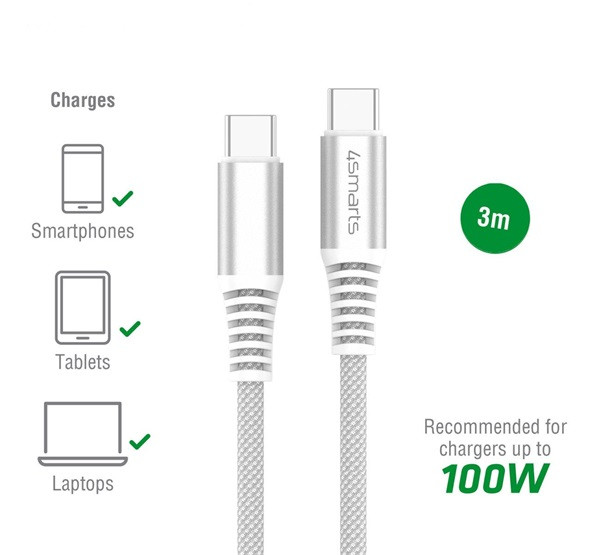 4smarts PremiumCord USB-C - USB-C kábel, 100W, 3m, fehér